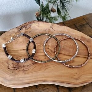 VTG Premier Designs Three Amigas Mixed Metal Bangles & Leather Cord Bracelet Set